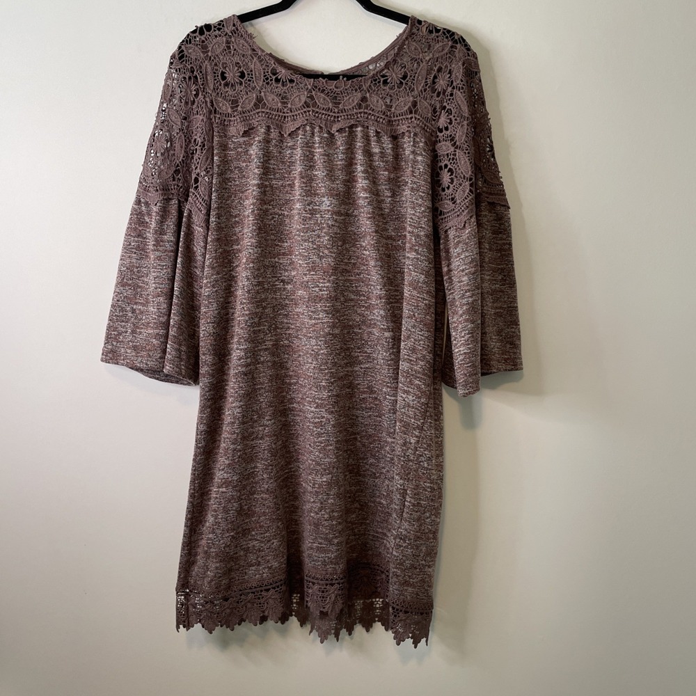 Rebellion Shift Dress Women 1X Mauve Plum Lace Trim 3/4 Sleeve Boho